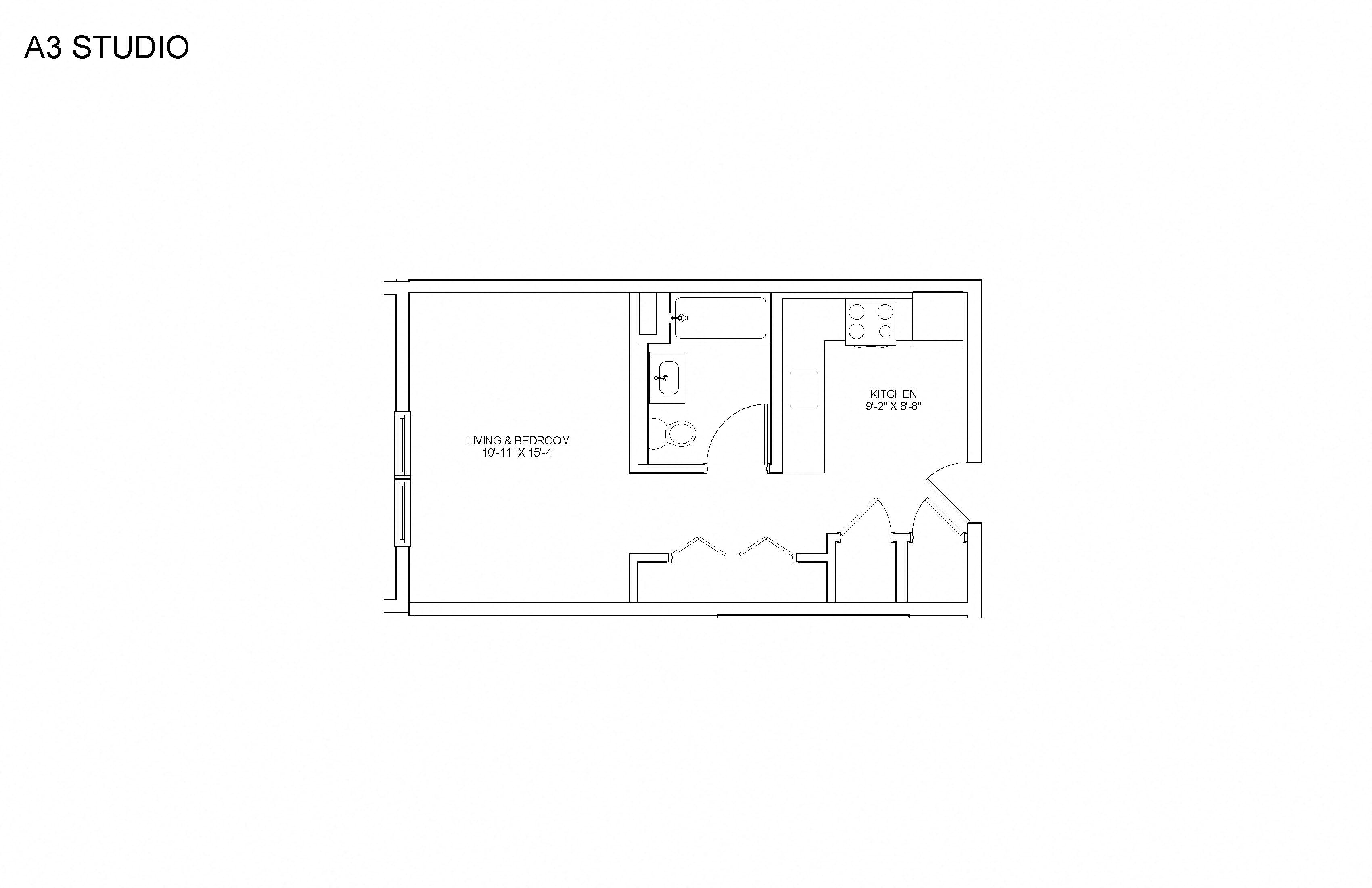 a floor plan of a studio apartment with a bedroom and a living room